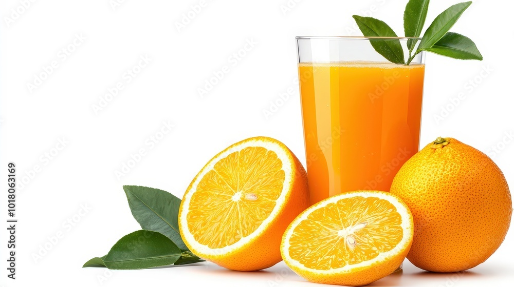 Fresh Orange Juice with Oranges and Green Leaves Fresh Orange Juice with Oranges and Green Leaves