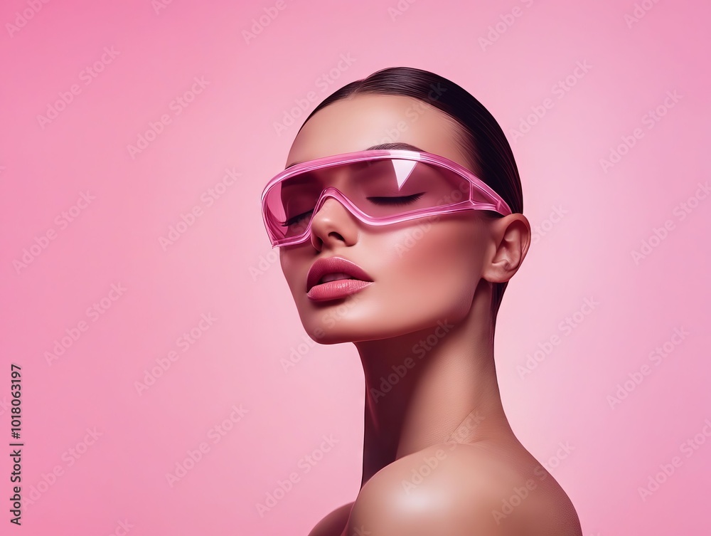A woman wearing a pair of pink sunglasses on a pink background A woman wearing a pair of pink sunglasses on a pink background