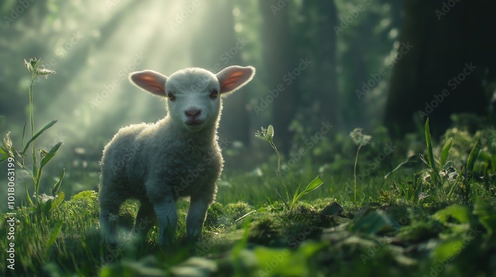 Fototapeta premium Lamb of God, a young lamb in a clean, green meadow, surrounded by celestial light.