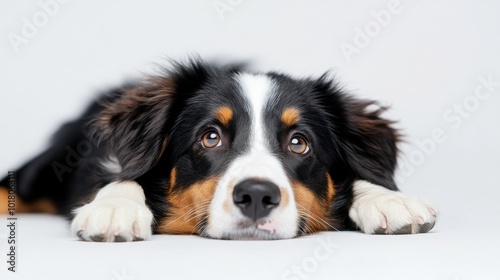 A loyal Bernese Mountain Dog resting calmly on a light surface during a quiet afternoon