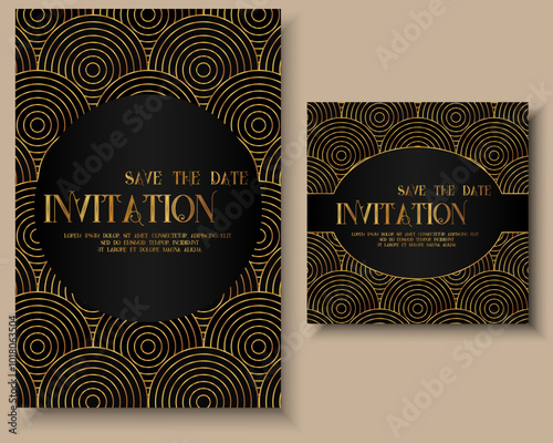 Luxury invitation, Elegant template, Card frame art deco card background set. Golden geometric gradient on dark background. Premium design for gala, grand opening, party invitation, layout, templates.