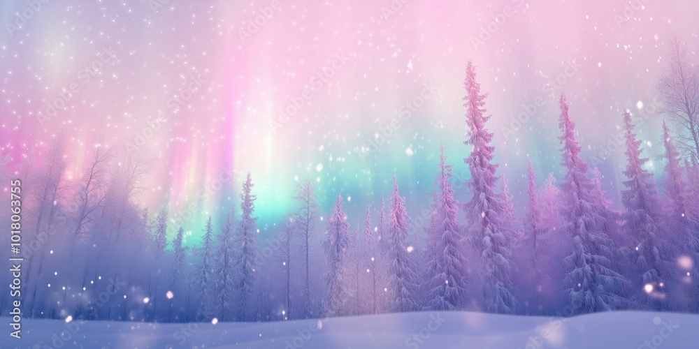 Northern Lights in winter in the forest among the Christmas trees. The sky is filled with auroras creating a beautiful and serene atmosphere.