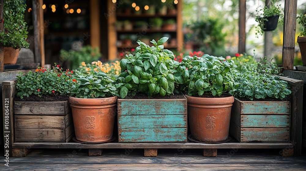 Antique terra cotta planters filled basil aged wooden compost bins rustic watering cans and trellises covered in beans nutrientrich soil in raised beds with heirloom vegetables Antique terra cotta planters filled basil aged wooden compost bins rustic watering cans and trellises covered in beans nutrientrich soil in raised beds with heirloom vegetables