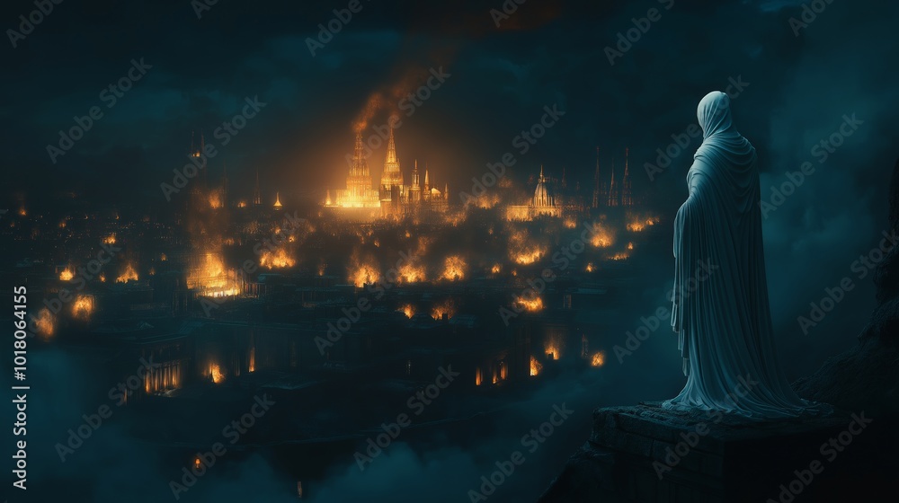 Obraz premium Lot's wife in a cloak in the desrt and a Sodom in fire behind it at night