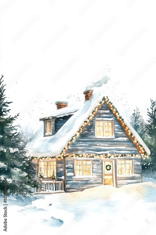 Naklejka premium Cozy winter cabin adorned with festive lights during a snowy evening in a tranquil forest