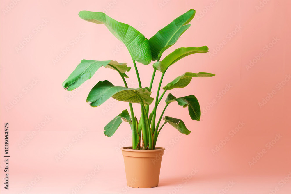 A vibrant banana tree in a terracotta pot set against a solid pastel background for a creative studio photoshoot A vibrant banana tree in a terracotta pot set against a solid pastel background for a creative studio photoshoot