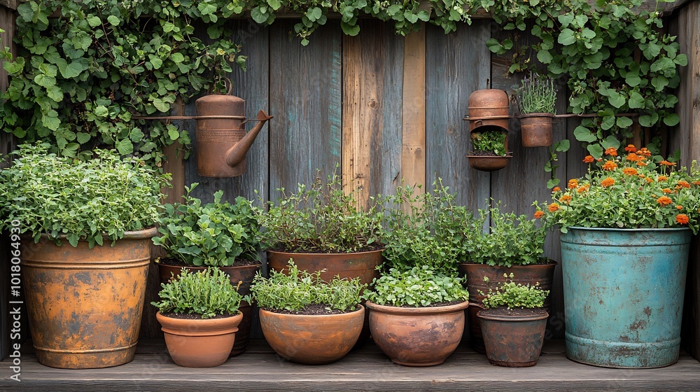 Antique terracotta planters brimming fresh herbs rusted copper watering cans beside raised beds compostrich soil trellises covered in vines compost piles in the background Antique terracotta planters brimming fresh herbs rusted copper watering cans beside raised beds compostrich soil trellises covered in vines compost piles in the background