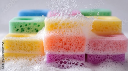Sponge object with unique colorful foam on white background textured sponge for cleaning and washing dishes with unique minimalist shape