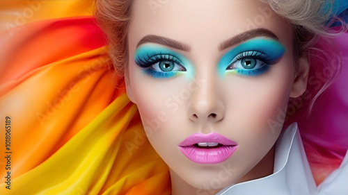 A young girl with striking eye makeup poses against a vibrant background, showcasing artistry and color contrast during a creative photoshoot