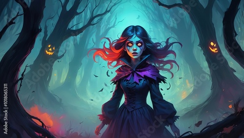 Beautiful witch walking in enchanted forest at halloween night