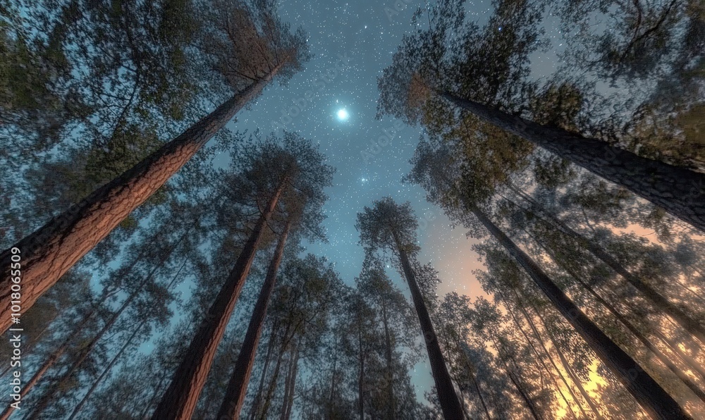 Naklejka premium A low-angle view of a forest canopy with a starry sky above.