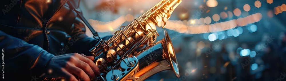 Naklejka premium Hands playing a saxophone, warm tones, photography, detailed, musical