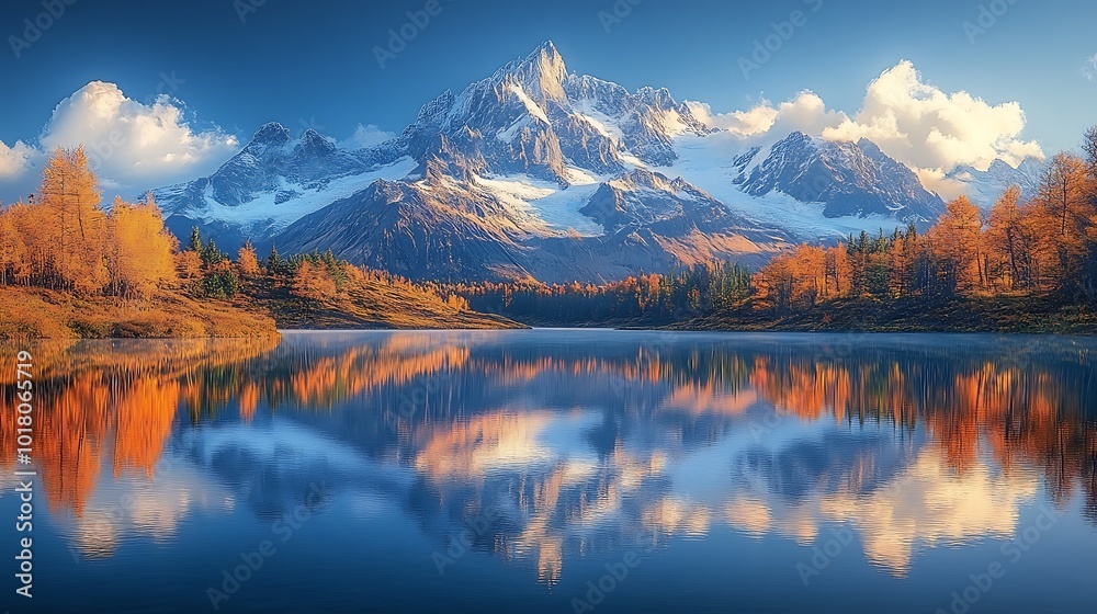 Majestic snow-capped mountain reflected in a tranquil lake with golden autumn foliage. Majestic snow-capped mountain reflected in a tranquil lake with golden autumn foliage.