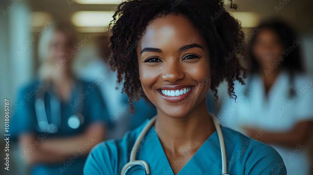 Smiling healthcare professional in scrubs with colleagues behind. Smiling healthcare professional in scrubs with colleagues behind.