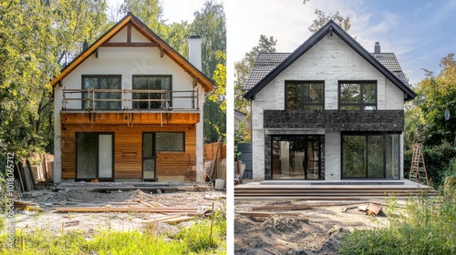 Home renovation, house before and after repair. New and old suburban cottage. Remodel construction