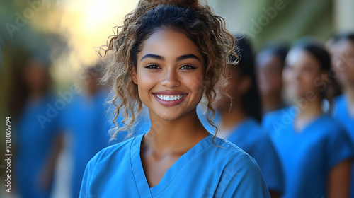 Smiling healthcare professional in scrubs with colleagues in background.