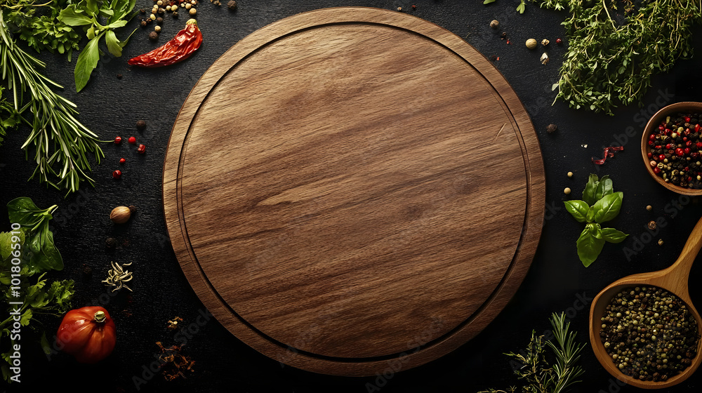 Empty wooden round board on a dark background with herbs and spices scattered around it, top view. Banner for menu design in photo stock style Empty wooden round board on a dark background with herbs and spices scattered around it, top view. Banner for menu design in photo stock style