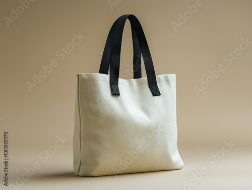 White blank tote bag mock up, side view on light grey background.