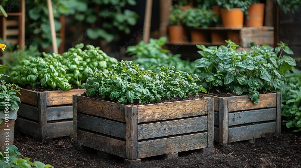 Antique wooden planters filled fresh basil and parsley weathered copper watering cans resting on nutrientrich soil compost piles full of organic material trellises supporting vining heirloom cucumbers Antique wooden planters filled fresh basil and parsley weathered copper watering cans resting on nutrientrich soil compost piles full of organic material trellises supporting vining heirloom cucumbers