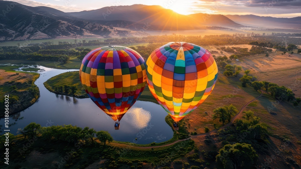 Fototapeta premium Hot air balloons over a valley, vibrant colors, photography, serene, expansive