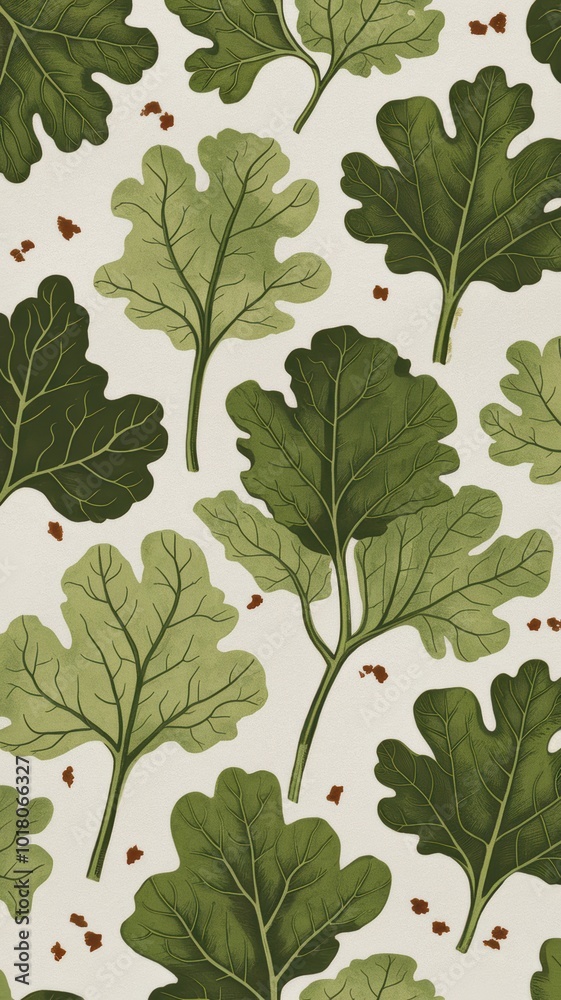 Botanical Pattern with Green Leaves on Light Background