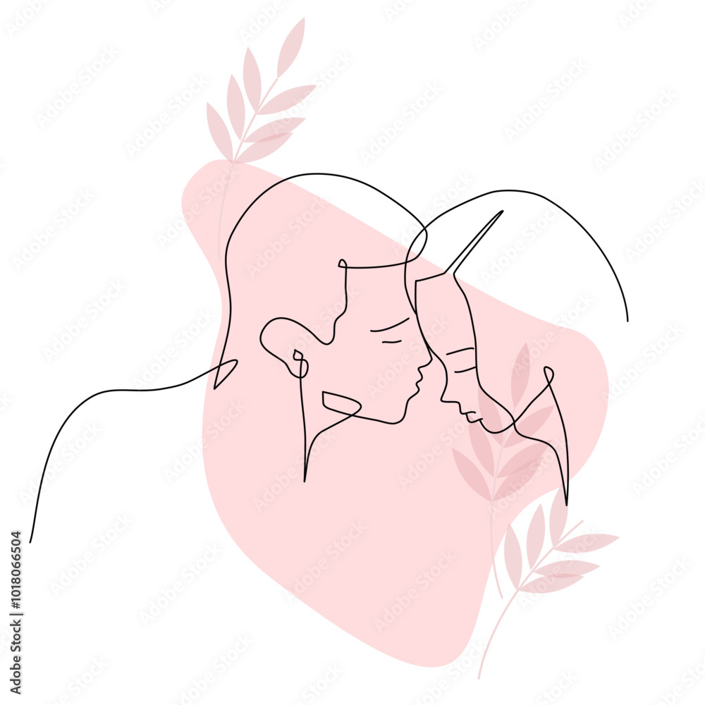 Continuous one line drawing of a lover and heart. Man and woman in love in oneline art style for Valentines Day card on pink background