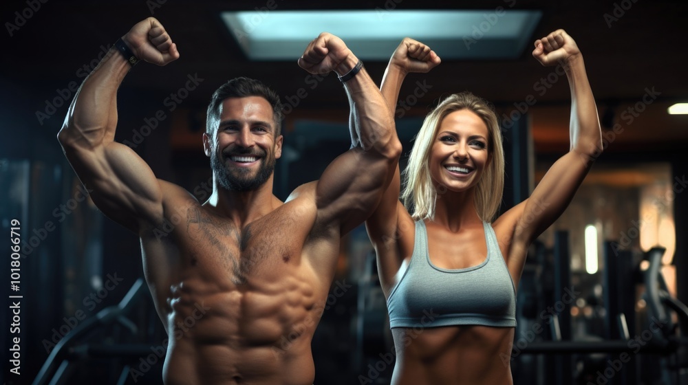 Happy athletic couple flexing their muscles after working out in a gym and looking at camera. Happy athletic couple flexing their muscles after working out in a gym and looking at camera.