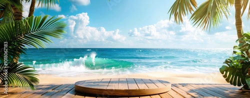 Wide Table top wooden bar on blurred beautiful beach scene background coconut leaf. Breakfast product display mockup outside vacation summer day time. Resort wood desk board on nature sea sand view. photo