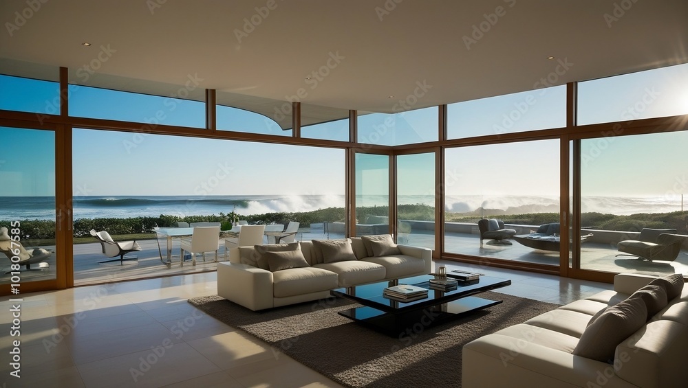 Fototapeta premium Luxury beach house living room, modern architecture