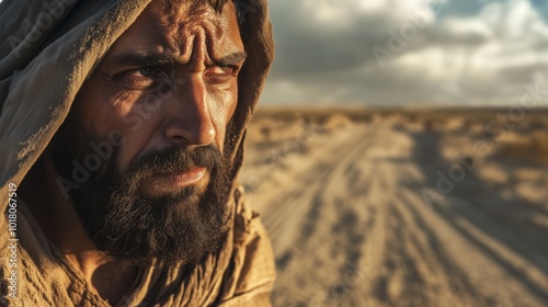 Man  israelite crying while walking in a desert road. Ancient days in Israel year of 10 B.C.