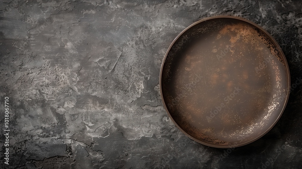 empty rustic brown plate sits on textured gray surface top view copy space empty rustic brown plate sits on textured gray surface top view copy space
