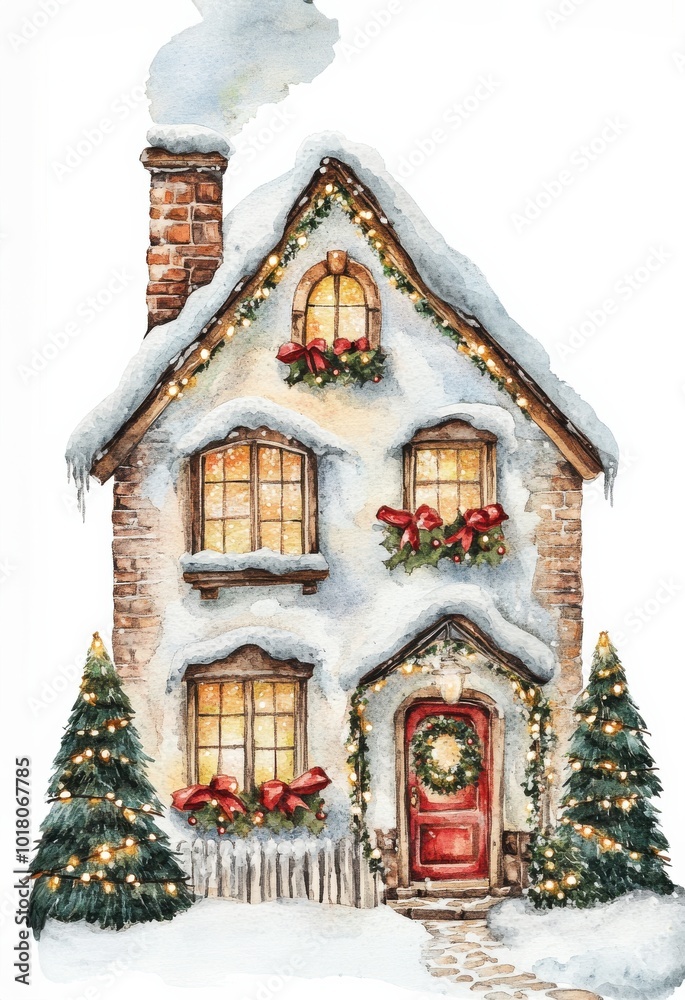 Fototapeta premium Charming winter cottage adorned with festive decorations and snow in a serene holiday setting