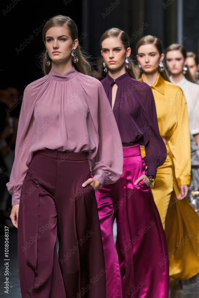 Fashion Runway: Models in Elegant Attire and Bold Colors Fashion Runway: Models in Elegant Attire and Bold Colors