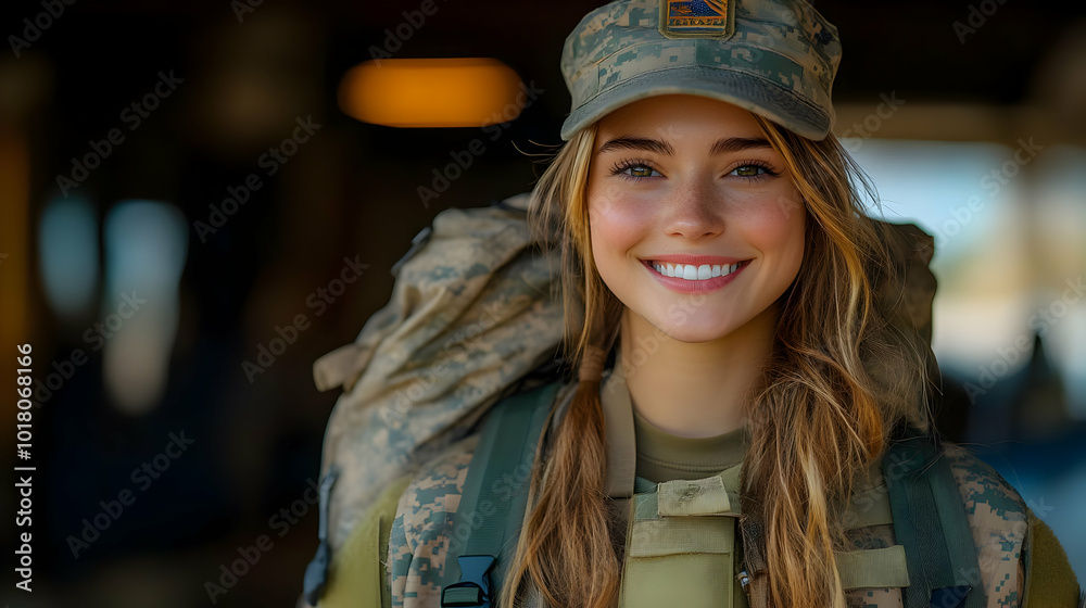 Smiling woman in military attire with a backpack. Smiling woman in military attire with a backpack.