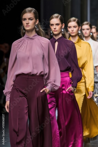 Fashion Runway: Models in Elegant Attire and Bold Colors