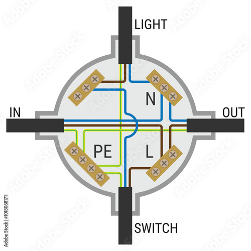 Wiring diagram for a junction box lighting circuit with grounding wire. Vector illustration in flat style