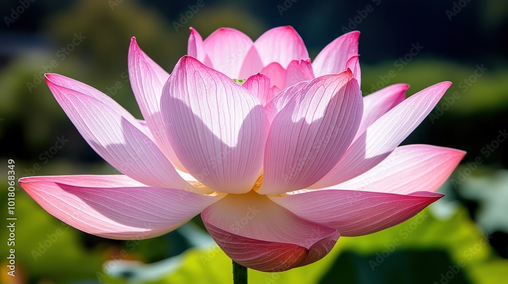 A pink lotus flower blooms in the sunlight, showcasing its delicate petals and intricate veins. A pink lotus flower blooms in the sunlight, showcasing its delicate petals and intricate veins.