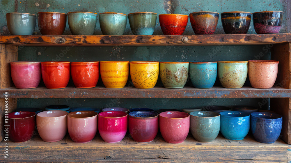 A vibrant display of colorful cups on wooden shelves showcasing unique designs from various regions A vibrant display of colorful cups on wooden shelves showcasing unique designs from various regions