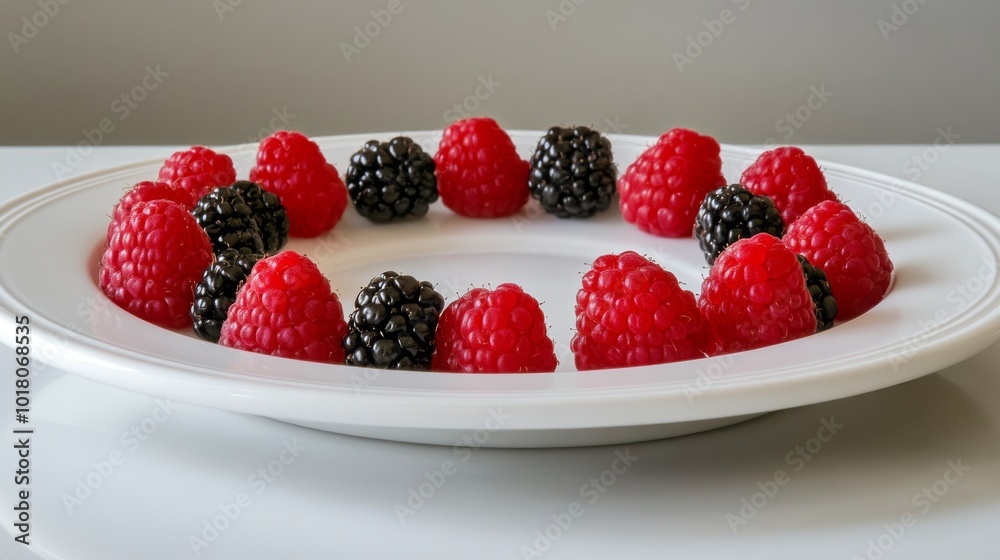 A white plate holds a circle of juicy, fresh raspberries and blackberries. A white plate holds a circle of juicy, fresh raspberries and blackberries.