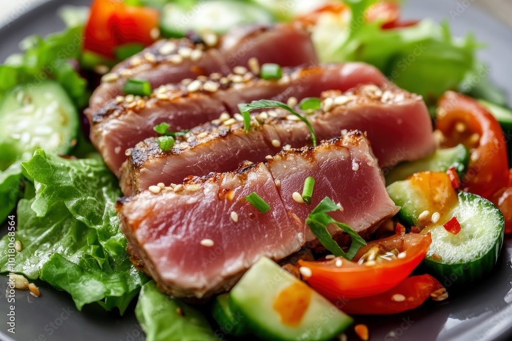 Close up of rare seared Ahi tuna slices with fresh vegetable salad on a plate. Top view from above horizontal - generative ai Close up of rare seared Ahi tuna slices with fresh vegetable salad on a plate. Top view from above horizontal - generative ai