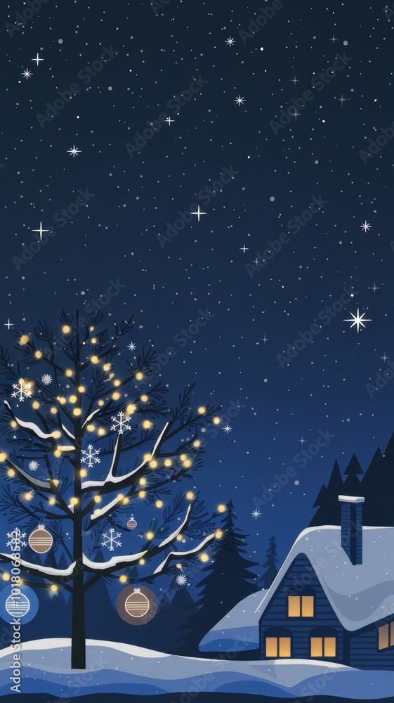 Naklejka premium Winter Night Scene with Tree and Cozy Cottage