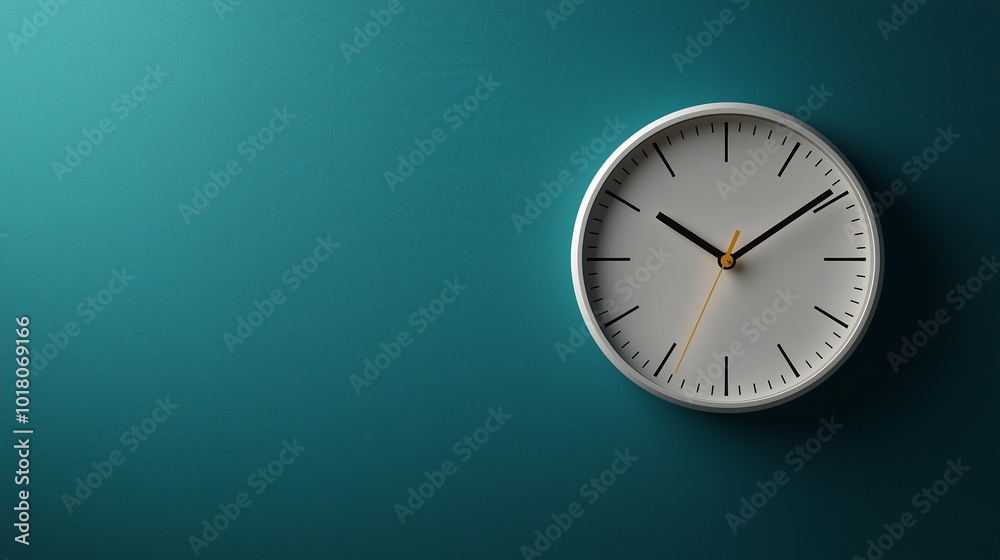 Minimalistic modern wall clock with clean white design against teal background, time management concept for office or home decor Minimalistic modern wall clock with clean white design against teal background, time management concept for office or home decor