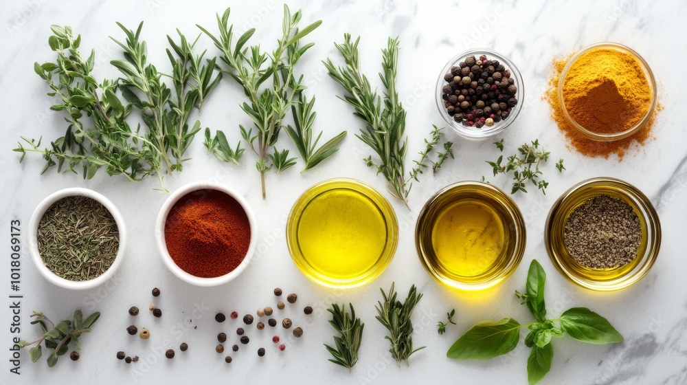 A white table with colorful spices, fresh herbs, olive oil, and balsamic vinegar. There's plenty of space for you to write something! It's the perfect backdrop for a recipe or cooking ideas. A white table with colorful spices, fresh herbs, olive oil, and balsamic vinegar. There's plenty of space for you to write something! It's the perfect backdrop for a recipe or cooking ideas.