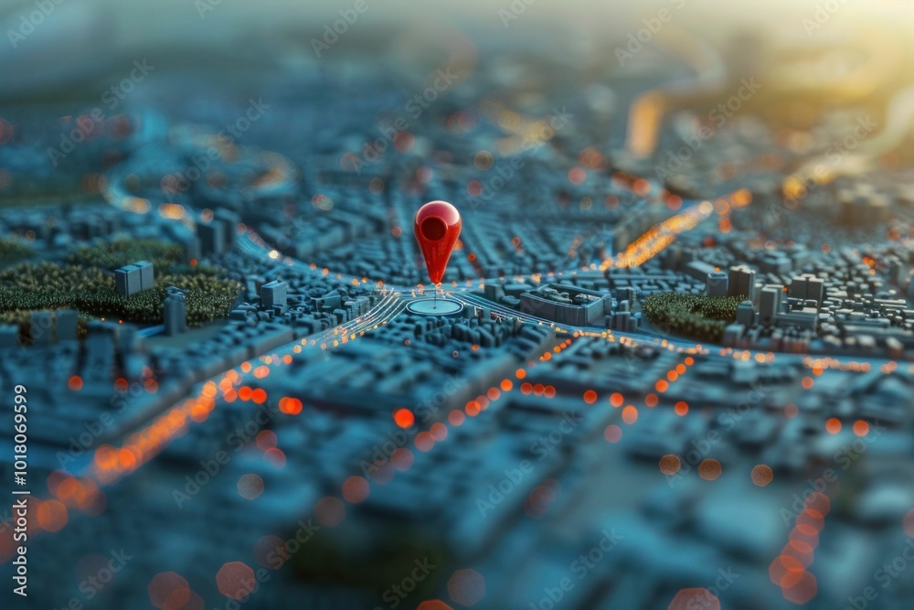 Map location pin on a cityscape background, showcasing an abstract urban landscape with illuminated streets, giving a sense of navigation and exploration in metropolis scenes Map location pin on a cityscape background, showcasing an abstract urban landscape with illuminated streets, giving a sense of navigation and exploration in metropolis scenes