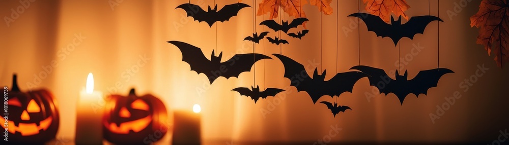 Fototapeta premium Halloween decorations, bats and pumpkins with warm candlelight ambiance.