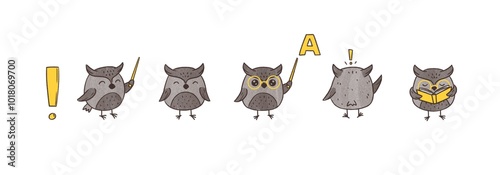 Hand drawn owl teacher  illustration set 