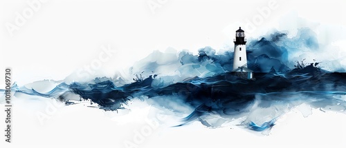 Lighthouse, waves crashing against rocks, dramatic storm clouds, watercolor style