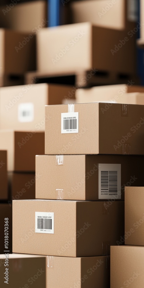 Stacks of cardboard boxes on shelves in a warehouse with labels visible. Stacks of cardboard boxes on shelves in a warehouse with labels visible.