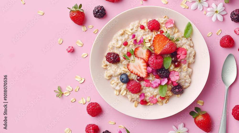 A bowl of oatmeal with strawberries and blueberries on top A bowl of oatmeal with strawberries and blueberries on top