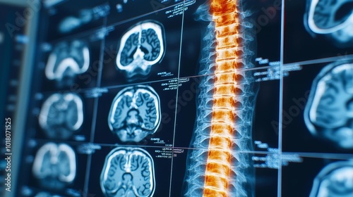 Detailed MRI scans showing spinal column and brain structures on digital display.